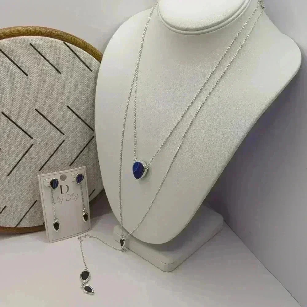 Lily Dilly necklace + earrings Convertible NWT jewelry bundle blue silvertone